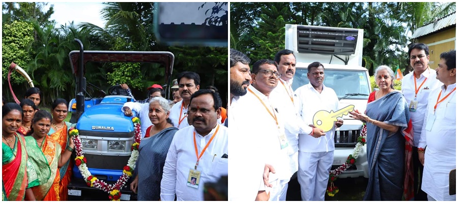 Union Finance Minister Nirmala Sitharaman worships the vehicles received by the savings group