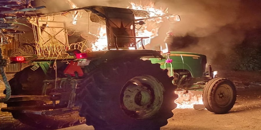 Big news! Unidentified protesters set a tractor full of sugarcane on fire