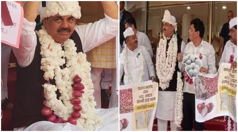 Aggressive stance of the opposition on the issue of farmers; He entered the Vidhan Bhavan directly with a garland of onions around his neck